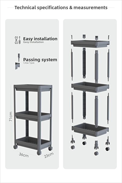 Bayev Peggy Grey 3 Tier Wide Wheeled Kitchen Bathroom Rack - Organizer πολλαπλών χρήσεων