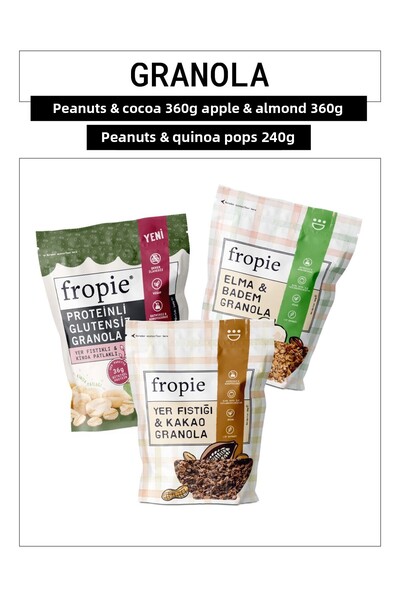 FROPİE Fropie Peanut & Cocoa - Apple & Almond - Gluten-Free Peanut & Quinoa Popcorn Granola Set of 3
