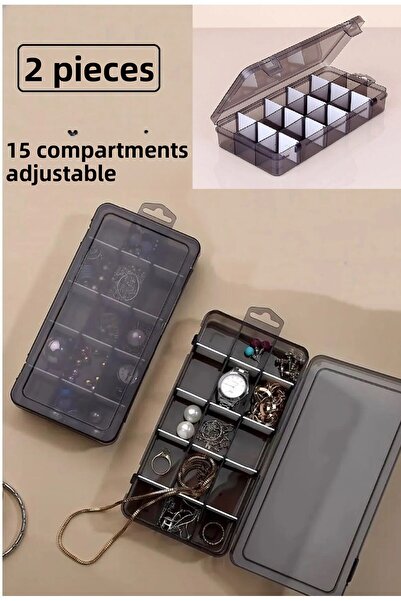 Bayev 2-Piece Smoked 15 Compartment Adjustable Organizer Jewelry Necklace Bead Medicine Earring Ring Box Organizer