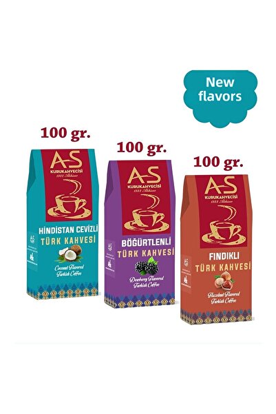 AS Kurukahvecisi مجموعة من 3 قطع من القهوة التركية بنكهات جديدة (جوز الهند، التوت الأسود، البندق)