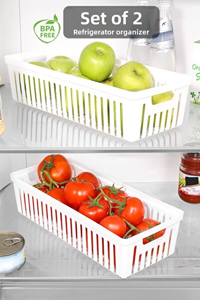 Meleni Home سلة تنظيم للثلاجة مكونة من قطعتين - حاوية تخزين منظمة للفواكه والخضروات باللون الأبيض