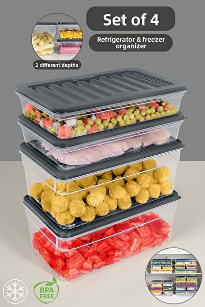 Meleni Home Set de 4 organizatoare pentru frigider antracit - Recipient pentru congelator pentru cuptor cu microunde adânc și superficial