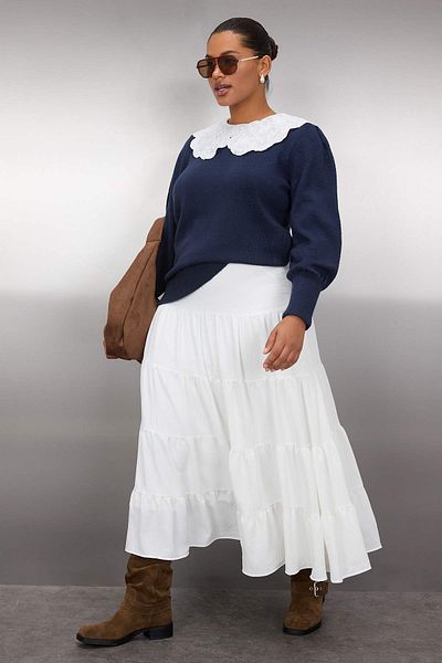 Trendyol Curve Navy Blue Lace Collar Knitwear Sweater Tbbaw26An00020