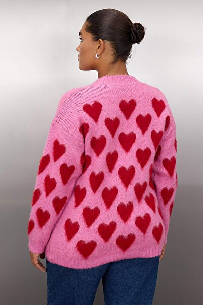 Trendyol Curve Rózsaszín szívmintás gyöngy puha gombos kötöttáru kardigán TBBAW26AV00007