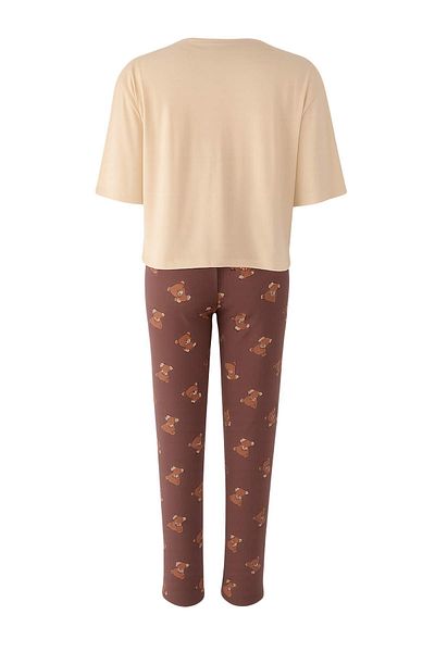 Trendyol Collection Σετ πιτζάμες πλεκτές μπεζ-πολύχρωμες βαμβακερές λύκρα με στάμπα THMAW26PT00076