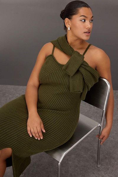 Trendyol Curve Khaki Knitwear Midi Dress and Bolero Set - Ribbed and Slit Tbbaw25Ah00070
