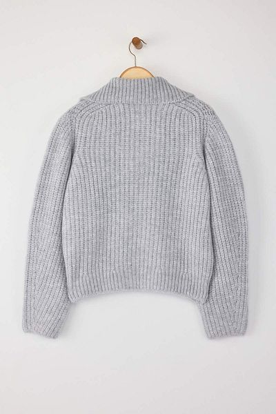 Trendyol Collection Cardigan tricotat cu guler răsturnat, cu fermoar gri, textură moale, model lat TWOAW26HI00049