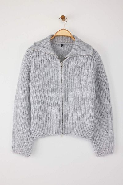 Trendyol Collection Cardigan tricotat cu guler răsturnat, cu fermoar gri, textură moale, model lat TWOAW26HI00049