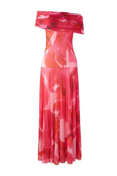 Trendyol Collection Φούξια σε γραμμή Α με λουλουδάτο μοτίβο Carmen γιακά Maxi Κομψό βραδινό φόρεμα για επιστροφή στο σπίτι TPRSS25EL00320