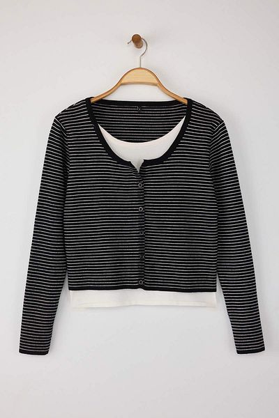 Trendyol Collection Pulover negru premium din fire/fir special cu dungi cu gât crew TWOAW26KZ00043