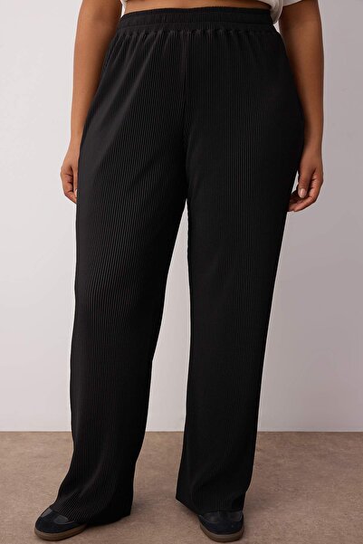 Trendyol Curve Black Elastic Waist Pleated Knitted Large Size Pants Tbbaw26Ar00007