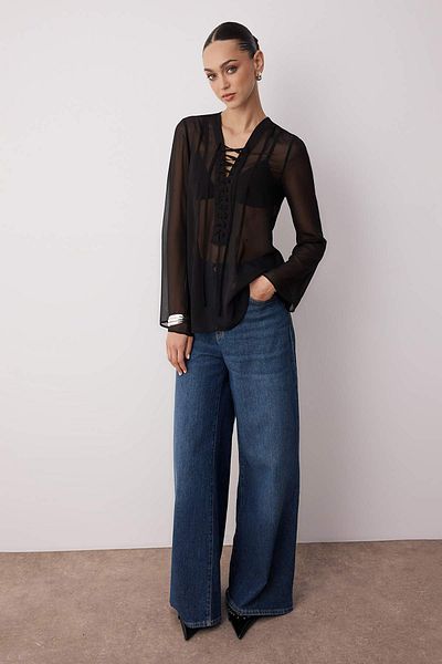 Trendyol Collection Μαύρη σιφόν διαφανής μπλούζα με λεπτομέρεια ύφανσης TWOAW26BZ00118