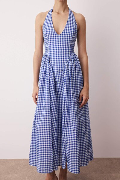Trendyol Collection Modré tkané maxi šaty s gingham vzorem v pase TWOSS25EL00874