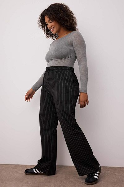 Trendyol Curve Black Thick Striped Straight/Straight Cut Stretchy Knitted Large Size Pants Tbbaw26Ar00008