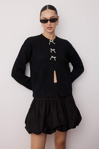 Trendyol Collection Black Ribbon Detail Wide Fit Soft Texture Knitwear Cardigan Twoaw26Hi00052