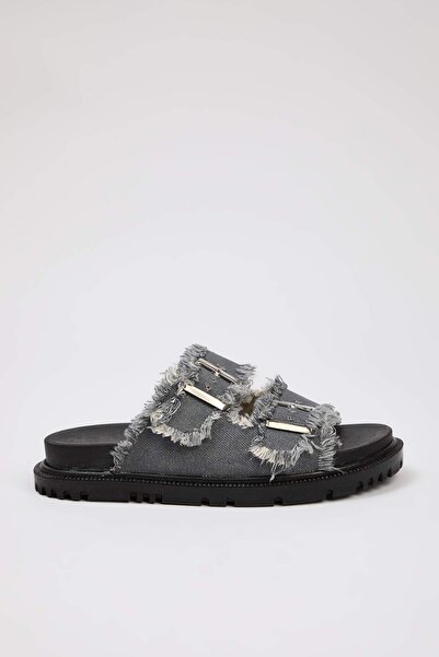 TRENDYOL SHOES Gray Denim Tasseled Buckle Detailed Double Striped Women's Slippers Takss25Te00038