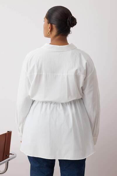 Trendyol Curve Ecru Shirred Long Sleeve Woven Plus Size Shirt Tbbaw26Ax00000