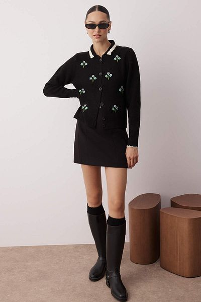 Trendyol Collection Black Floral Embroidery Polo Neck Soft Texture Knitwear Cardigan Twoaw26Hi00008