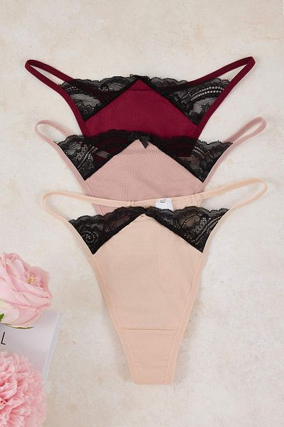 Trendyol Collection Chiloți tanga din bumbac lycra din 3 piese, burgundy-pudră-bej, cu detaliu din dantelă THMAW26KU00006