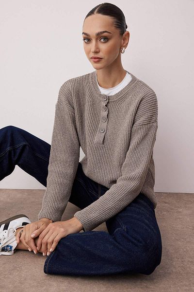 Trendyol Collection Βιζόν Πιο Βιώσιμο Πλεκτό Πουλόβερ με Κουμπιά από Βαμβάκι TWOAW26KZ00117