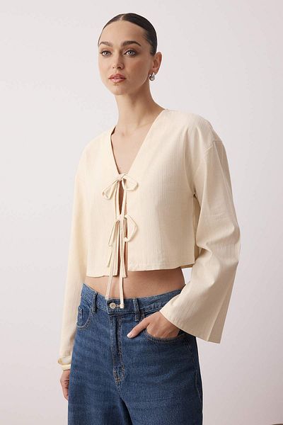 Trendyol Collection Cămașă cu dungi bej cu șireturi TWOSS24GO00247