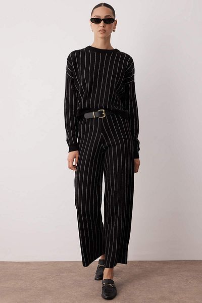 Trendyol Collection Black Striped Sweater-Pants Knitwear Bottom - Top Set Twoaw26Au00018