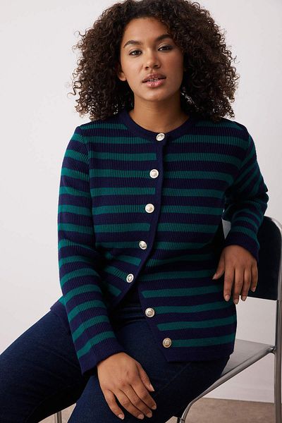 Trendyol Curve Navy-Green Striped Jacket Look Knitwear Cardigan Tbbaw24Av00011