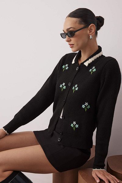 Trendyol Collection Black Floral Embroidery Polo Neck Soft Texture Knitwear Cardigan Twoaw26Hi00008