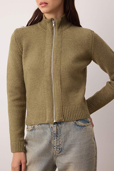 Trendyol Collection Green Zipper Wool Blend Stand Collar Soft Textured Knitwear Cardigan Twoaw26Hi00027