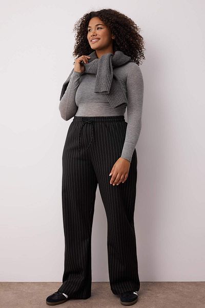 Trendyol Curve Black Thick Striped Straight/Straight Cut Stretchy Knitted Large Size Pants Tbbaw26Ar00008