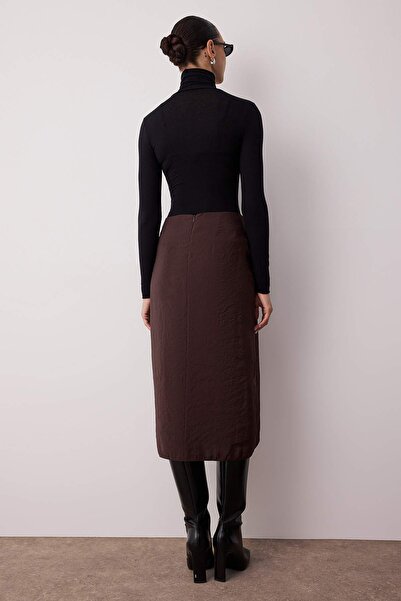 Trendyol Collection Dark Brown Belted Double Breasted Midi Woven Viscose Skirt Twoaw26Et00032