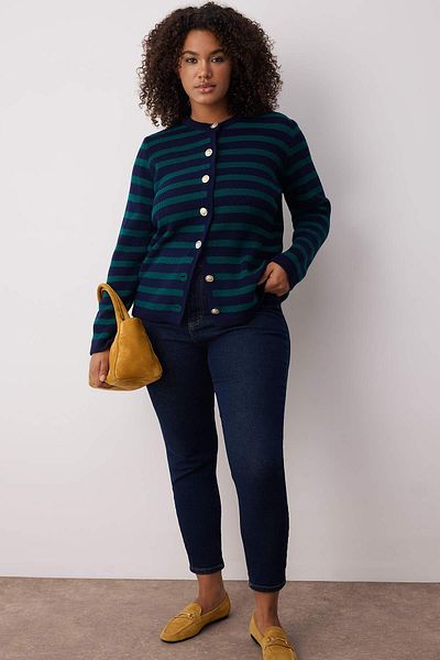 Trendyol Curve Navy-Green Striped Jacket Look Knitwear Cardigan Tbbaw24Av00011