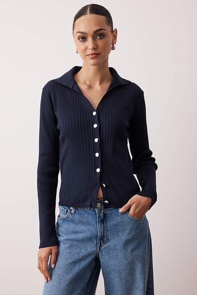Trendyol Collection Navy Blue-Ecru Polo Neck Basic Double Pack Knitwear Cardigan Twoaw26Hi00078
