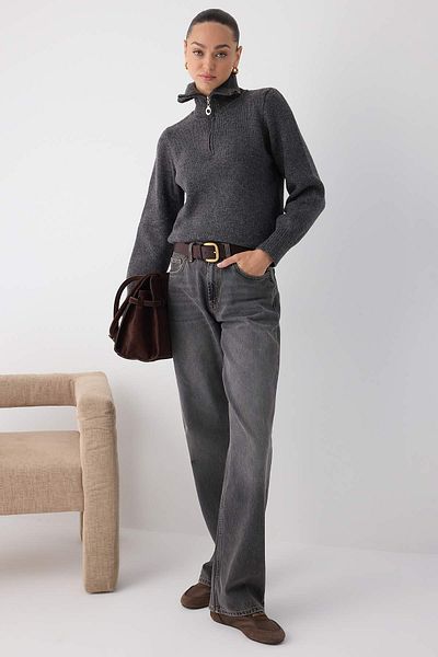 Trendyol Collection Antracit Lână Premium Yarn/Fineță specială Pulover de tricotaj de bază cu fermoar TWOAW26KZ00071