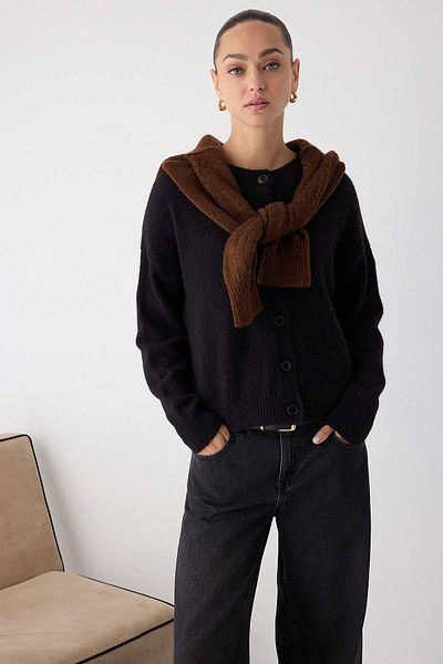 Trendyol Collection Black Alpaca Wool Blended Wide Fit Knitwear Cardigan Twoaw26Hi00089