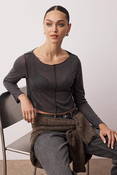 Trendyol Collection Anthracite Transaparan Ribbed Regular/Normal Fit Crop Knitted Blouse Twoaw26Bz00123