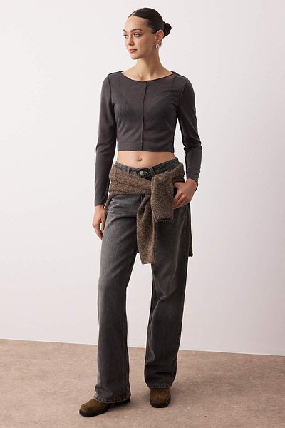 Trendyol Collection Anthracite Transaparan Ribbed Regular/Normal Fit Crop Knitted Blouse Twoaw26Bz00123