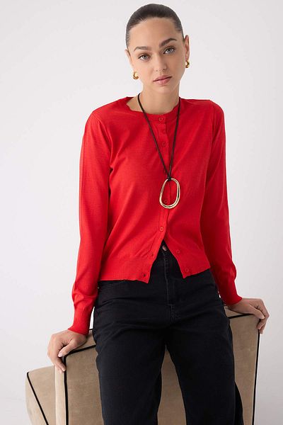 Trendyol Collection Червен плетен кардиган с кръгло деколте и мерсеризиран вид от първокласна/специална прежда TWOAW26HI00095