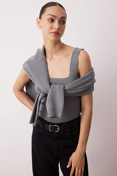 Trendyol Collection Anthracite 2-Piece Premium Yarn/Special Yarn Crew Neck Basic Knitwear Cardigan-Blouse Set Twoaw26Hi00124