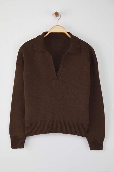 Trendyol Collection Кафяв мек текстуриран широк плетен пуловер TWOAW26KZ00087