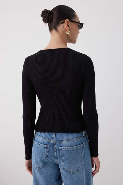 Trendyol Collection Wardrobe Essentials Black Mercerized Look Ribbed Knitwear Cardigan |   Twoaw26Hi00118