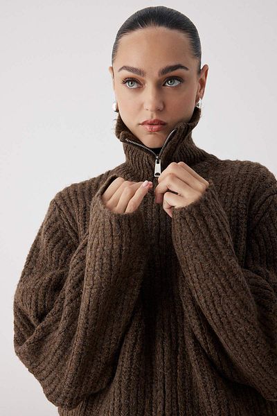 Trendyol Collection Καφέ φερμουάρ Λεπτομερής μαλακή υφή Πλεκτό με γυριστό γιακά Ζακέτα TWOAW26HI00049