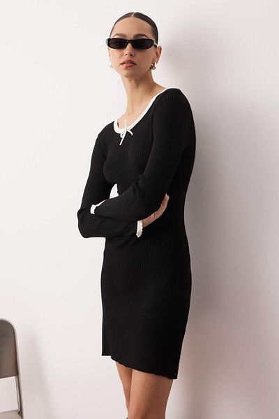 Trendyol Collection Черна мини плетена рокля с мерсеризиран вид, премиум прежда/специална прежда, цветни блокове TWOAW26EL00011