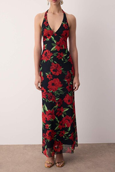 Trendyol Collection Βραδινό φόρεμα από τούλι με κόκκινο-πολύχρωμο φόδρα TPRSS25AE00192