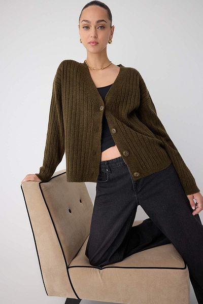 Trendyol Collection Khaki Soft Textured Basic Wide Fit Knitwear Cardigan Twoaw26Hi00119