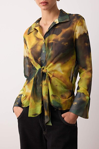 Trendyol Collection Green-Multicolor Abstract Pattern Chiffon Shirt Twoaw26Go00014