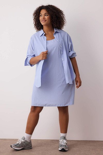 Trendyol Curve Blue Striped Mini Woven Plus Size Shirt Dress Tbbaw26Ah00006