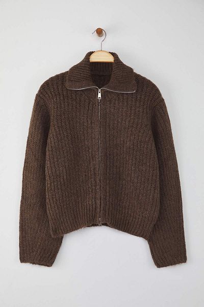 Trendyol Collection Кафяв плетен кардиган с цип и широка яка с обърната яка TWOAW26HI00049
