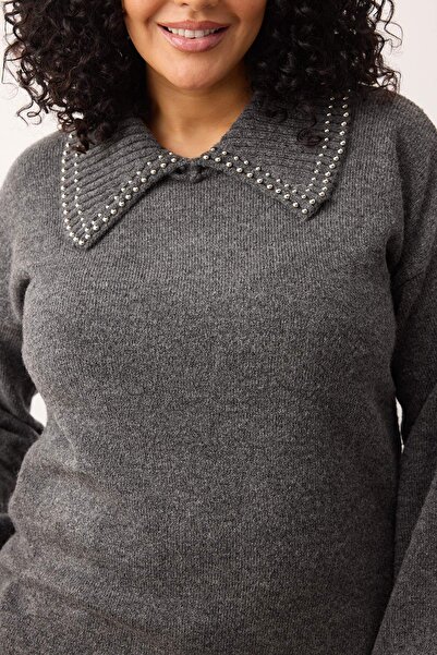 Trendyol Curve Grauer Kragen Stein Detaillierte Strickpullover TBBAW26AN00001