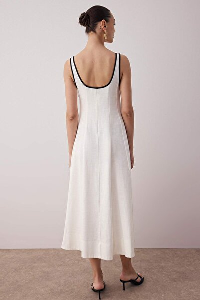 Trendyol Collection Ekru Keten İçerikli Düz Midi Dokuma Elbise TWOSS25EL00895